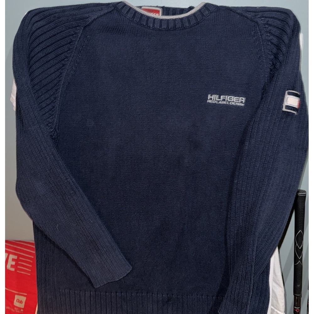 Vintage Y2K Tommy Hilfiger Red Label Denim Sweater L Navy Knit Cotton Pullover